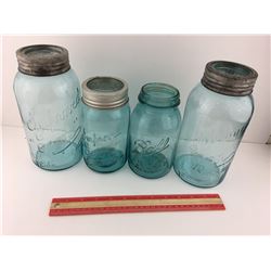 LOT OF BLUE ANTIQUE CANNING JARS (BALL, GEM)
