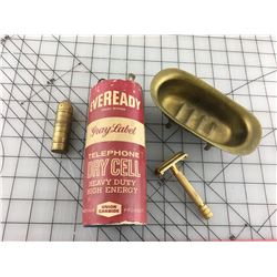 MISC LOT (ANTIQUE BATTERY, BRASS SOAP TUB, KASCHIE BULLET LIGHTER)