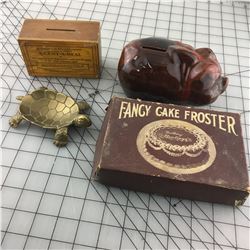 MISC LOT (BRASS TURTLE DISH, MISSIONARY DONATION BOX, PIGGY BANK) *CAKE FROSTER *