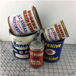 LOT OF 5 TINS (BLUE RIBBON, HONEY, SYRUP)