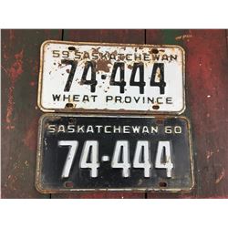 LOT OF 2 LICENSE PLATES (SASK. SAME NUMBER) *# 74-444 YEARS 59-60*