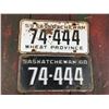 Image 1 : LOT OF 2 LICENSE PLATES (SASK. SAME NUMBER) *# 74-444 YEARS 59-60*