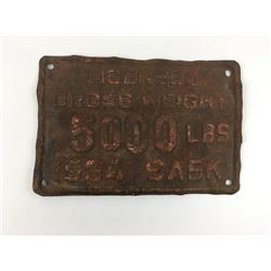 GROSS WEIGHT LICENSE PLATE (SASKATCHEWAN) *1934*