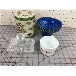 MISC HOUSEHOLD LOT (GLASS, SHAVING MUG ETC...)