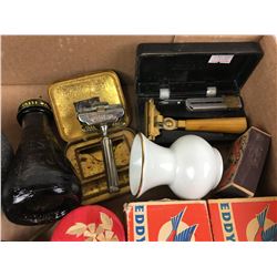 MISC LOT  (SAFETY RAZORS, MANTLES, EDDY MATCH BOXES)