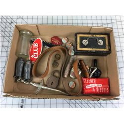MISC LOT (CASE BELT TIN, CASH BOX, SODA CAPS)