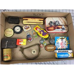 MISC LOT (TIN TOY, SMALL TINS, LAPEL BUTTONS ETC…)
