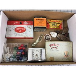 MISC LOT (SHIRLEY TEMPLE PIN, CIGARETTE TINS, CLOCK, ETC…)
