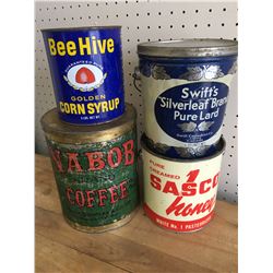 LOT OF 4 TINS (NABOB BEE HIVE SWIFTS HONEY)