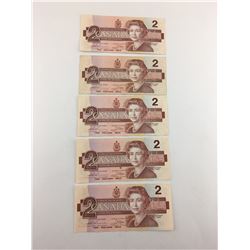 LOT OF 5- $2 BANK NOTES (CANADIAN) *1986*