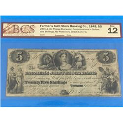 1849 FARMER’S JOINT STOCK BANKING CO. $5 BANK NOTE (GRADED F-12)
