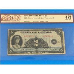 1935 BANK OF CANADA $2 BANK NOTE (GRADED VG-10)