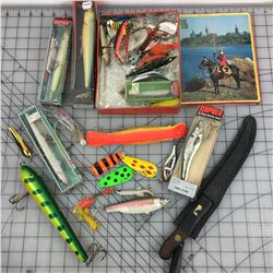 LOT OF FISHING LURES ETC. * SOME VINTAGE * & MOUNTIE TIN