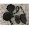 Image 1 : MISC LOT SAD IRONS CAST IRON FRYING PANS, STOVE HANDLES