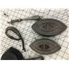 Image 4 : MISC LOT SAD IRONS CAST IRON FRYING PANS, STOVE HANDLES