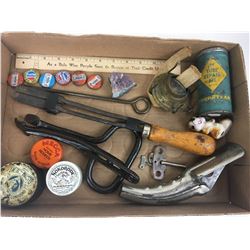 MISC LOT * ANTIQUE SOLDERING IRON, SODA CAPS, TINS *