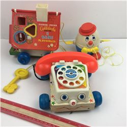 LOT OF 3 VINTAGE FISHER PRICE PULL TOYS * PLAYHOUSE, PHONE, HUMPTY *