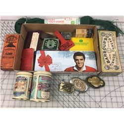 MISC LOT *BELT BUCKLES, BOXES, BOTTLES, ELVIS TIN *