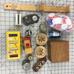 MISC LOT *POKER CHIPS, SHOE SIZER, TINS, INDIAN THERMOMETER *