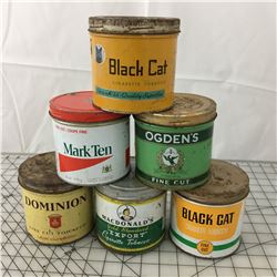 LOT OF 6 ‘VINTAGE’ TOBACCO TINS * DOMINION, BLACK CAT, OGDENS *