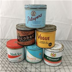 LOT OF 6 ‘VINTAGE’ TOBACCO TINS * PLAYERS, VOGUE, PICOBAC *