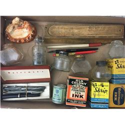 LOT OF ‘VINTAGE WRITING RELATED, INKS, PENCIL CASE, FOUNTAIN PENS