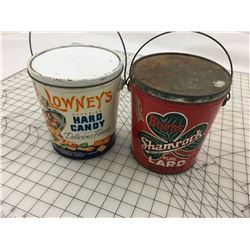 LOT OF 2 FIVE LB TIN CAN PAILS * HAMROCK, LOWNEYS *