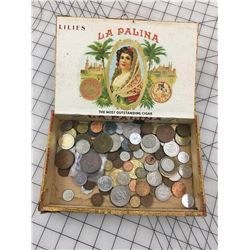 VINTAGE CIGAR BOX (W/VARIOUS COINS)