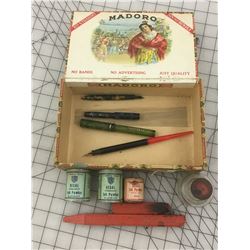 CIGAR BOX WITH OLD WRITING RELATED * FOUNTAIN PEN, INK TINS *