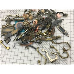 LOT OF OLD BRASS HOOKS, HINGES, DRAWER PULLS ETC.