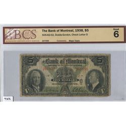 1938 FIVE DOLLAR BANK NOTE (BANK OF MONTREAL) *BCS-6*