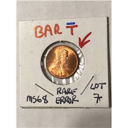 EXTREMELY RARE Error BAR T 1995 Lincoln Penny MS68 High Grade