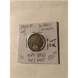 Extremely Rare 1914 D Top 10 Key Date Buffalo Nickel Good Grade acid wash