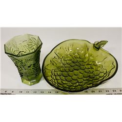 GREEN GLASS & BOWL SET.