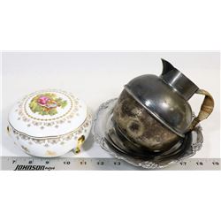 FOOTED LIMOGE DISH, SILVER TRAY, SPOON AND