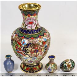 VINTAGE ENAMELED BRASS VASE &  ASSORTED MINIATURES