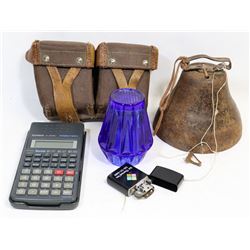 BOX OF ESTATE ITEMS, COWBELL, ZIPPO, VIETNAM BELT