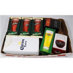 LOT OF NEW BEER COMPANY GLASSES IN BOXES.