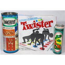 LOT OF VINTAGE TINKERTOY, NEW TWISTER, PUZZLE.
