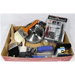 FLAT OF ASSORTED TOOLS INCLUDING, PAINT BRUSHES