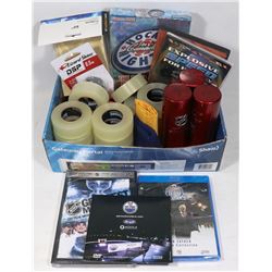 BOX OF HOCKEY COLLECTIBLES,  VIDEOS AND MORE