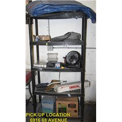 5 TIER RUBBERMAID SHELF WITH CONTENTS