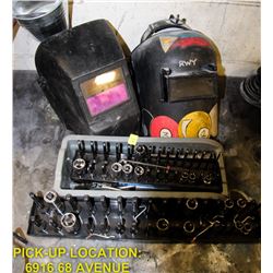 LOT OF SOCKETS AND 2 WELDING HELMETS