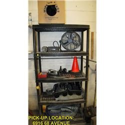 5 TIER RUBBERMAID SHELF WITH CONTENTS