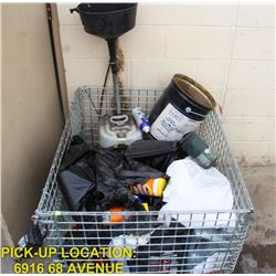 METAL CRATE WITH CONTENTS, INCLUDES OIL,