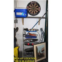 ASSORTED LOT INCLUDES DART BOARD, COOLER, GOLF