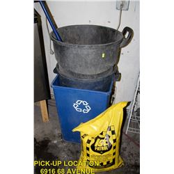 LOT OF 2 GARBAGE CANS, RECYCLE BIN & BAG OF ICE