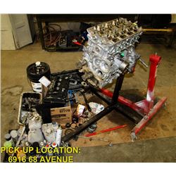 ENGINE STAND WITH ASSORTED PARTS AND MORE