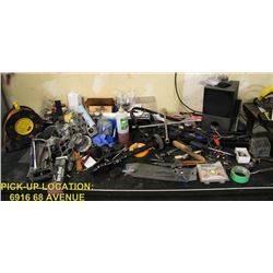 METAL TABLE WITH CONTENTS OF TOP. INCLUDES