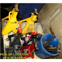 LOT OF 6 JACKS STANDS, TABLE & BUCKET WITH TOOLS